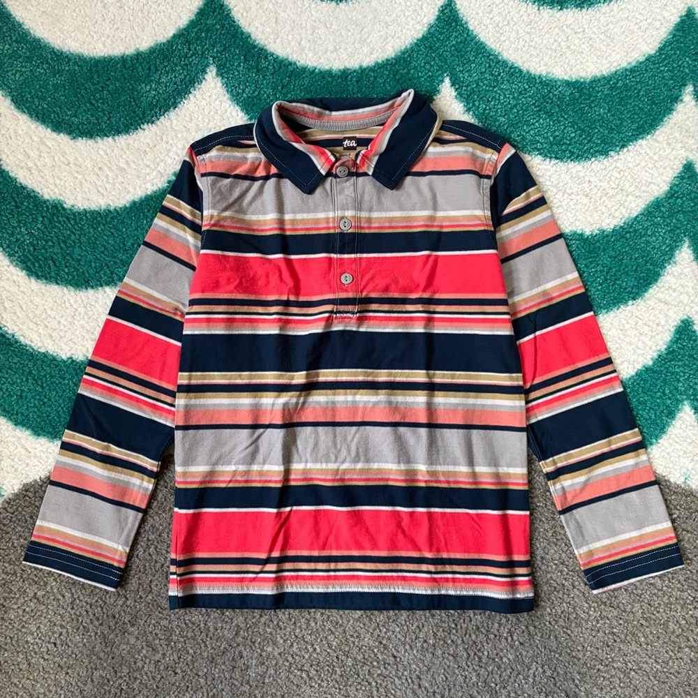 Tea Collection Long Sleeve Striped Polo (Navy/Coral/Grey) Size 8